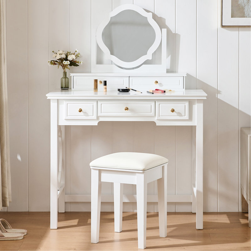 Coiffeuse compacte avec miroir réversible, coiffeuse avec tabouret, coiffeuse compacte pour petits espaces, blanc