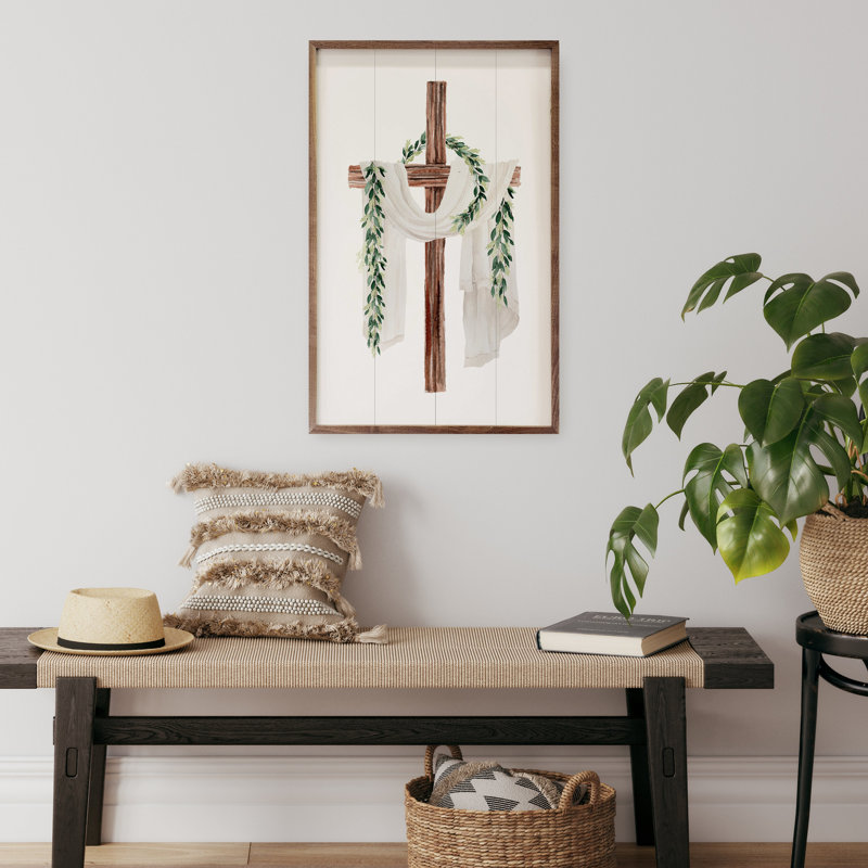 Croix en bois avec foulard drapé, H 8 po x l 5 po