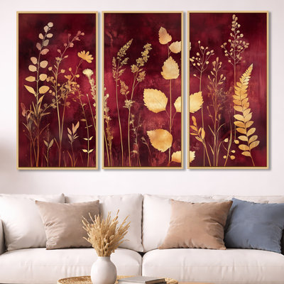 Botanique ombre bourgogne I - décoration murale 3 pièces