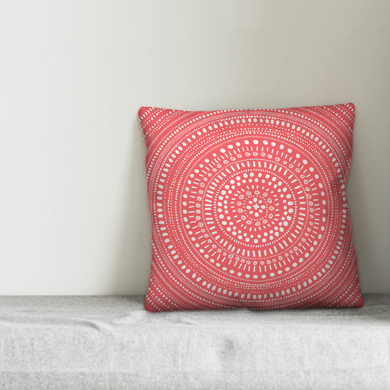  Dotted Mandala Indoor/Outdoor Throw Pillow, Polyester/Polyfill, 16" x 16", Brick Red/White
