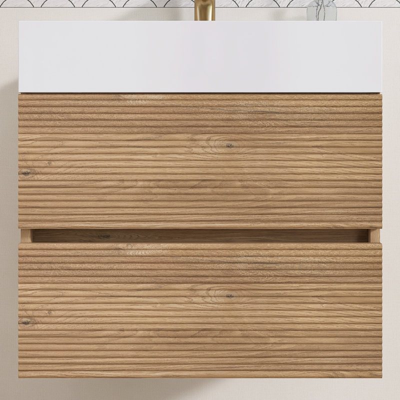 24'' Wall Mounted Single Sink Bathroom Vanity With Solid Surface Top, Oak, 24"
