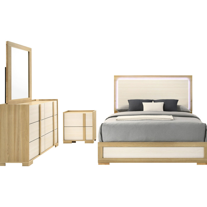 Grand lit 4 pièces avec éclairage tactile à DEL intégré, lit en bois d'hévéa naturel, table de chevet, commode et miroir Coastal