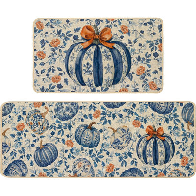 2-Piece Fall Blue Pumpkin Kitchen Rug Set – Non-Slip Washable Farmhouse Mats, 17x29 & 17x47 In.