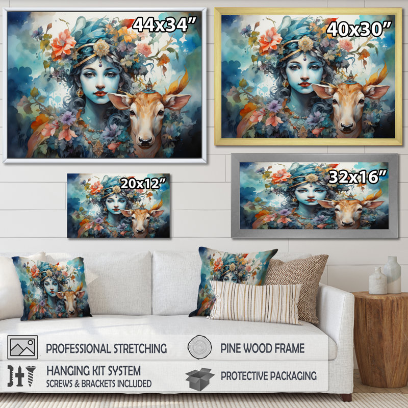 «Hinduisim Art Vrindavans Playful II» - Art mural de l'hindouisme, H 30 po x l 40 po x P 1,5 po, Cadre simple blanc