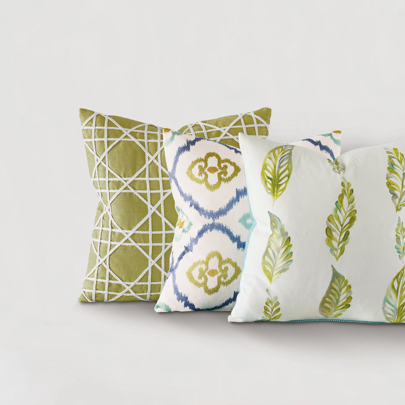 Blue and Green Ikat Embroidered Square Throw Pillow