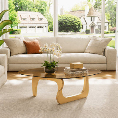 51" Triangle Glass Coffee Table With Solid Wood Base Clear Top Mid Century Center Table, Quick Assembly For Living Room