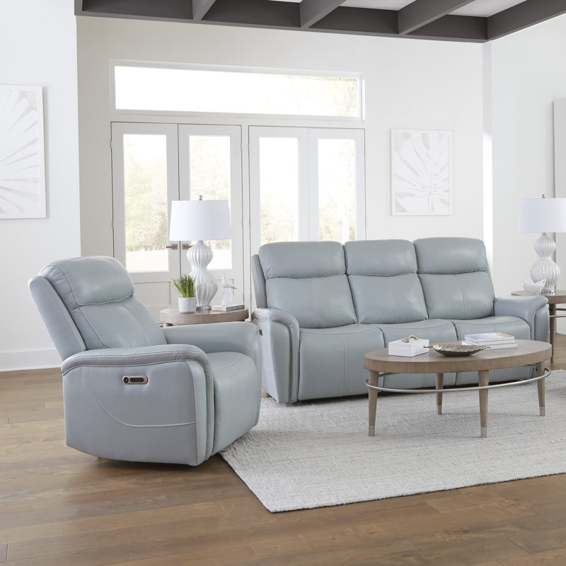 Allysia Power Reclining Sofa And Recliner, Seamist Grey
