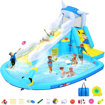 12' X 8.5' Inflatable Water Slide For Kids Backyard Water Park With Narwhal Waterfall Rush Slide & Large Splash Pool, Climbing Wall, Basketball Hoop For Summer Outdoor Fun Birthday Party