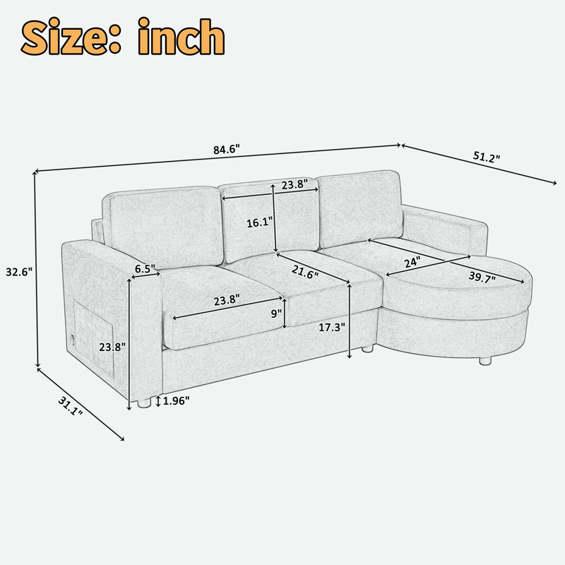 Canapé modulaire moderne en L avec méridienne incurvée, ports USB et poches de rangement latérales, Gris chenille