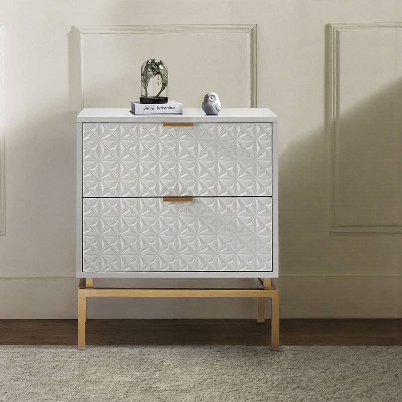 Lydon Mid-Century 25'' Tall 2-Drawer End Table with Metal Base and Built-in outlets, Navy