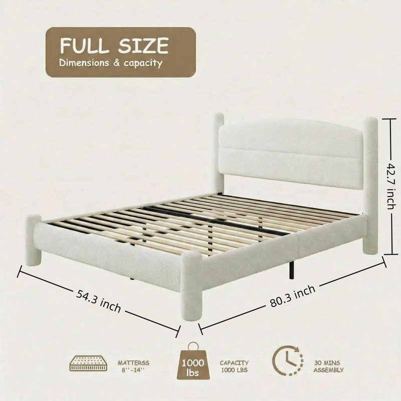 Full Size Boucle Bed Frame, Upholstered Platform Cloud Bed with Soft Round Headboard & Cylindrical Legs, Heavy Duty & Noise Free, No Box Spring Needed, Easy Assembly, White