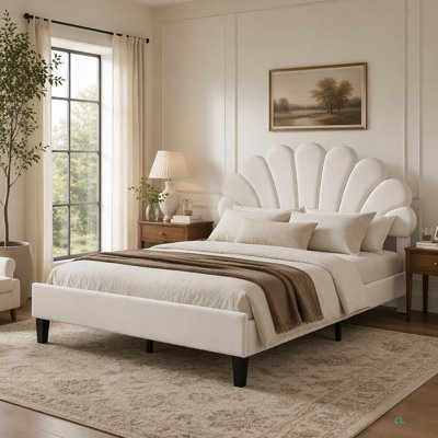 Lit plateforme tapissier avec tête de lit en velours à motif floral