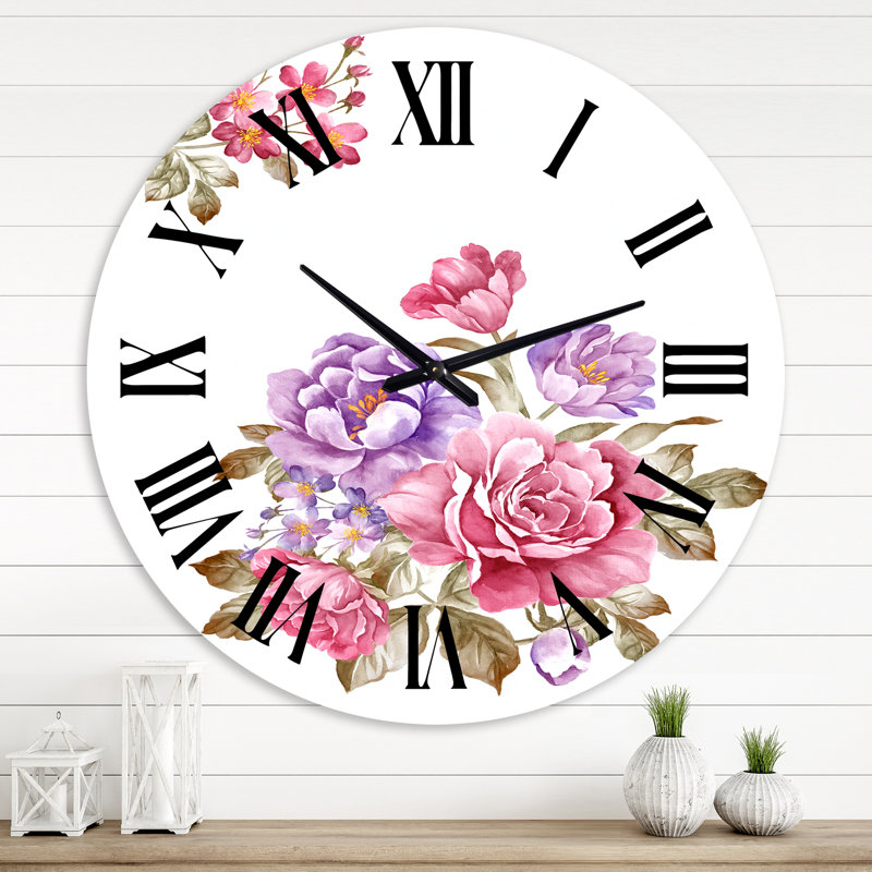 Bouquet de fleurs roses et mauves I - Horloge murale de ferme, Surdimensionné