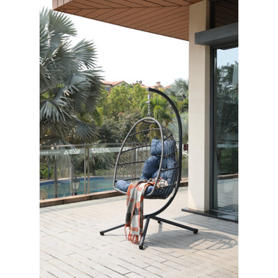 Elegant Wicker Hanging Egg Chair With Stand, Cup Holder, Removable Guardrail, And Cushions For Indoor And Outdoor Use