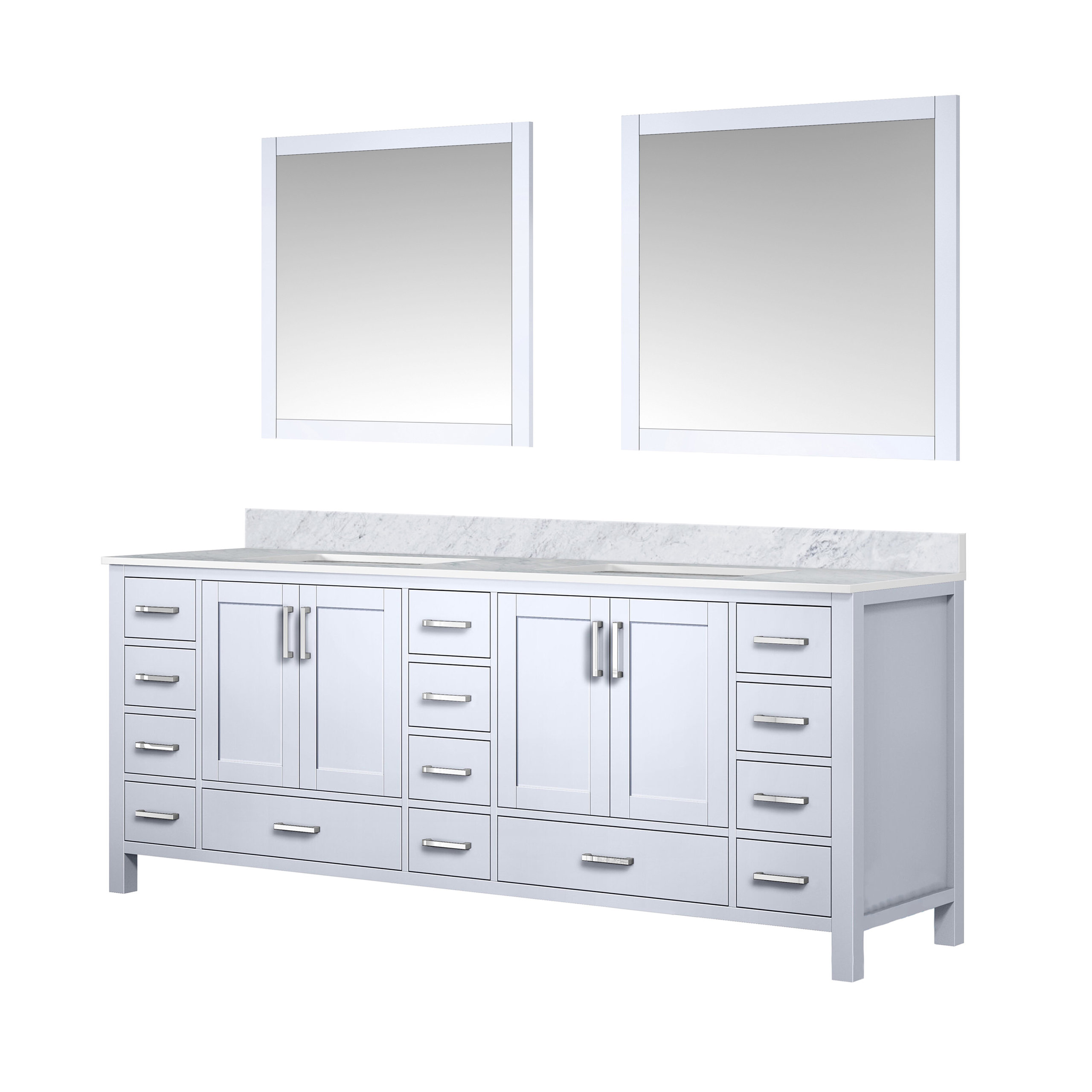 Jacques 84 in. W x 22 in. D Double Bath Vanity, Carrara Marble Top, and 34  in. Mirrors