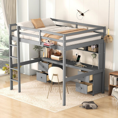 Lit mezzanine double avec bureau et fonction de chargement, bureau moderne avec compartiments de rangement gris, tiroirs et recharge électrique, finition