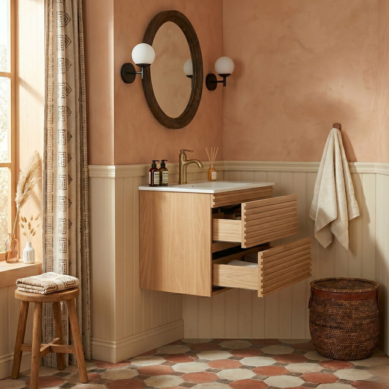 Meuble-lavabo simple flottant moderne 30 po avec tiroirs à grain de bois rainuré et cuve en céramique, 30"