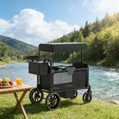 Wagon pliant avec auvent pour enfants et cargaison, wagon d'extérieur pliable robuste avec freins et roues tout-terrain de 110 lb, 2 sièges