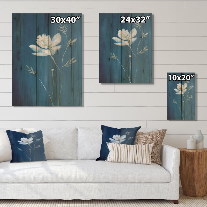 Simple fleur sauvage blanche sur fond bleu rétro VI - Art mural en bois floral - bois de pin naturel, L 12 po x H 20 po