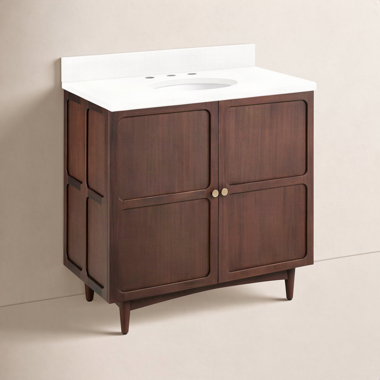 Delavan 30" Mahogany Single Bathroom Vanity, Oval, Feathered White Quartz, 8" Widespread