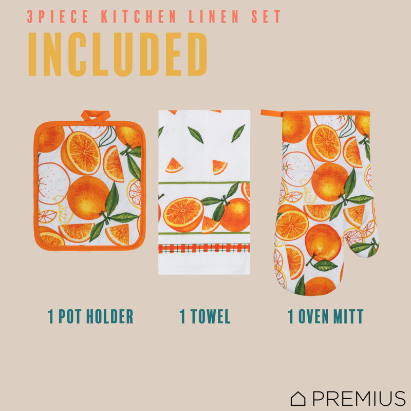 PREMIUS 3 Piece Printed Kitchen Linen Set, Orange, 1 Cotton Towel, 1 Pot Holder, 1 Oven Mitt
