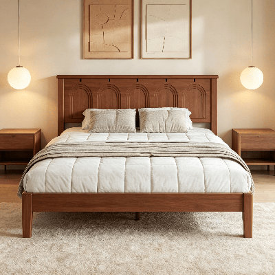 Queen Size Bamboo Platform Bed Frame,  Platform Bed with Tall Headboard and Adjustable Floor Protector Feet, No Box Spring Needed, Bed Frame for Bedroom, Guest Rooms