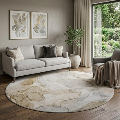 8' Beige And Ivory Abstract Washable Round Rug With UV Protection