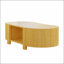 Table basse ovale cannelée avec rangement, bois d'hévéa massif, 1 tablette et 2 portes ouvertes pour les salons modernes