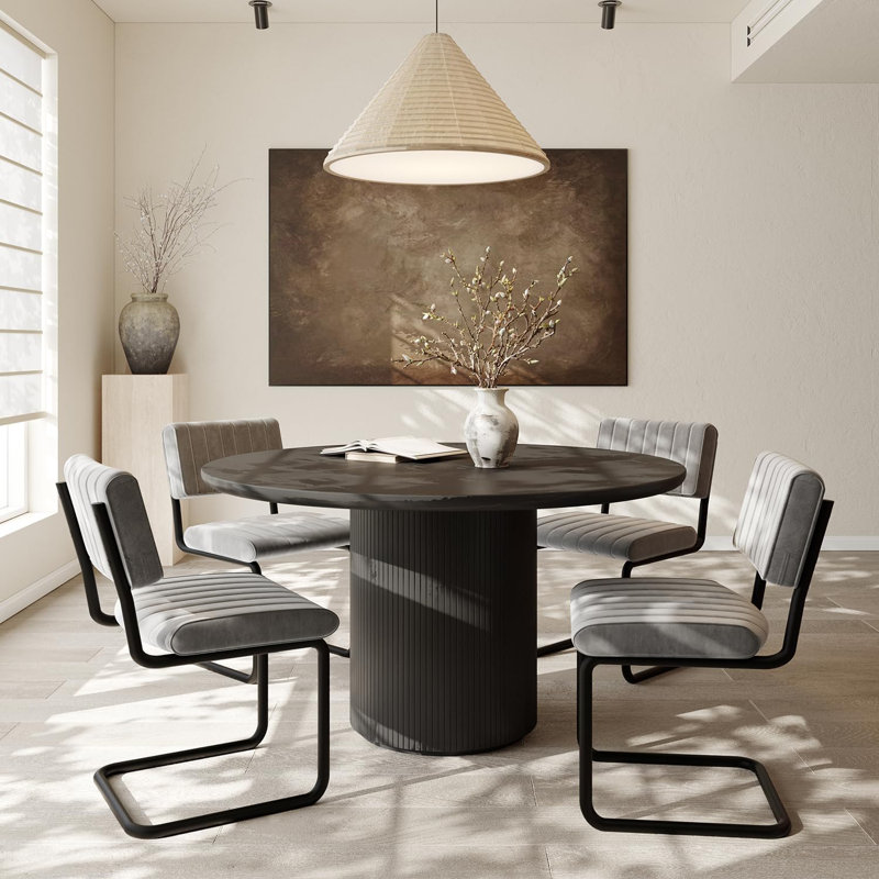 Mid-Century Modern Velvet Upholstered Cantilever Dining Chairs with Armless Design and Metal Frame (Set of 4), Striped Gray