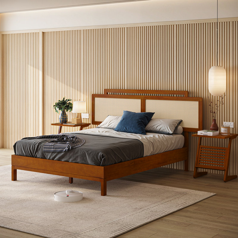 Bme Neil Bed Frame with Rubber Wood and Rattan Headboard – Japanese Elegant Minimalist Design, Sturdy Construction, Easy Assembly – Queen, Milk Chocolate