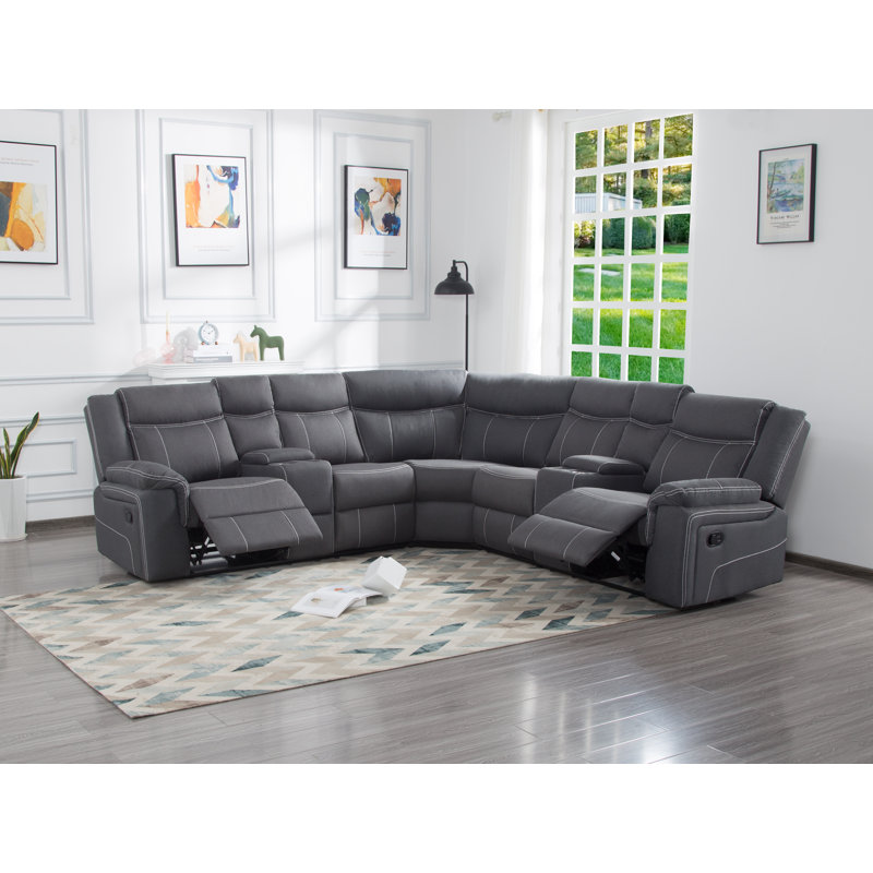 Carmetta Upholstered Reclining L-Shaped Sectional Symmetrical, Gray Polyester Blend