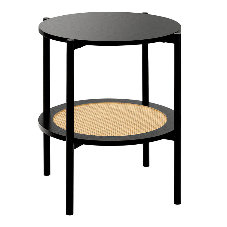 Round End Table with Rattan Storage Shelves