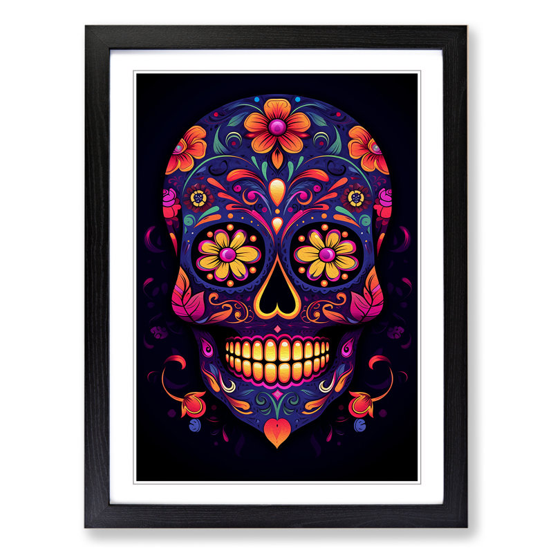 Sugar Skull Minimalism - Single Picture Frame Print on Wood, Black, 34cm H x 25cm W x 2cm D