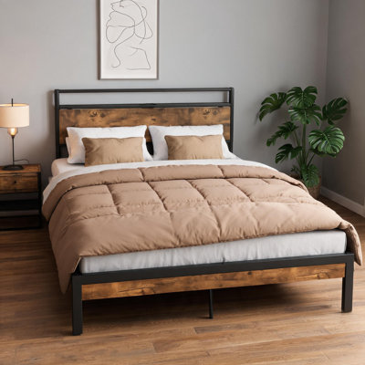 Très grand lit plateforme en métal avec appuis-tête en bois et ports USB, beaucoup de rangement, installation facile et matelas sans ressorts