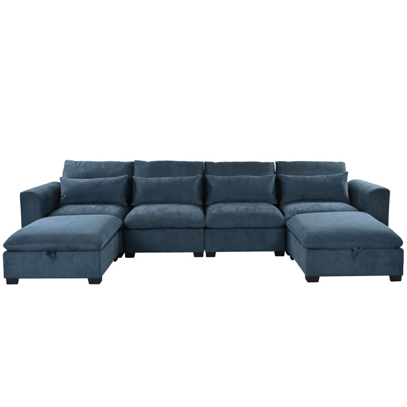 6 Piece U-Shaped Sectional Sofa Set With Movable Stotrage Ottoman, Oversized 132" Modular Linen Upholstered Cloud Couch