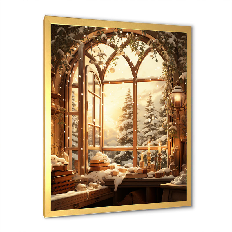 «Christmas Winter Window View I - Winter Landscape», impressions sur toile, H 44 po x l 34 po x P 1,5 po, Cadre doré simple