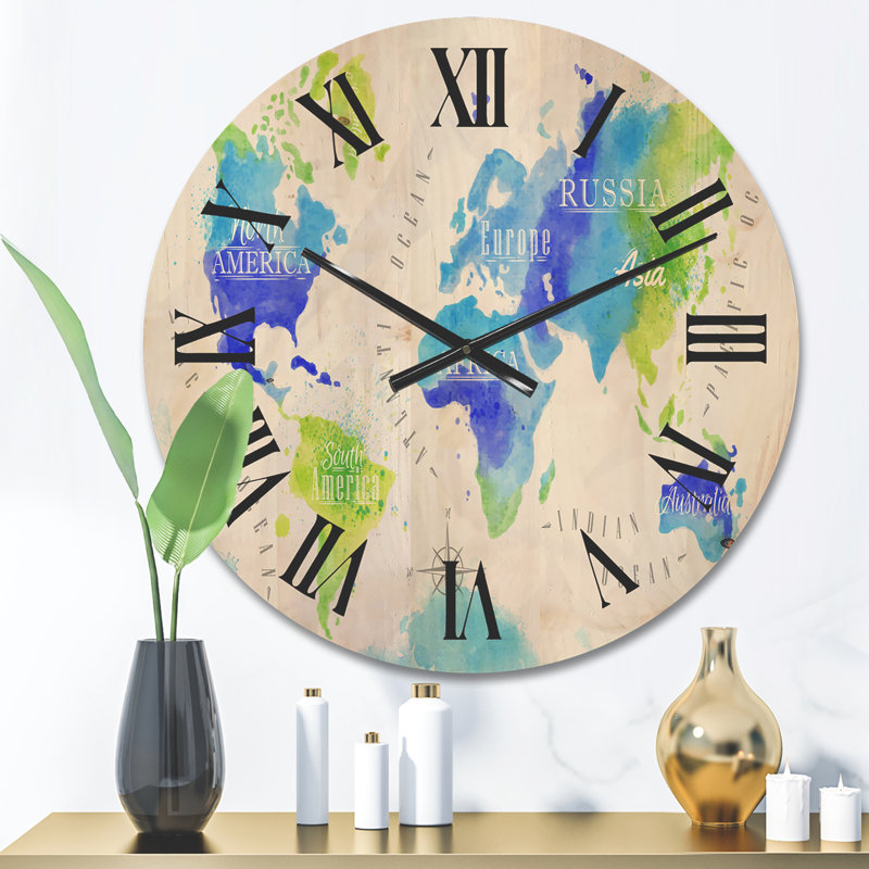 Carte du monde en vert et bleu - Horloge murale moderne en bois, Moyenne