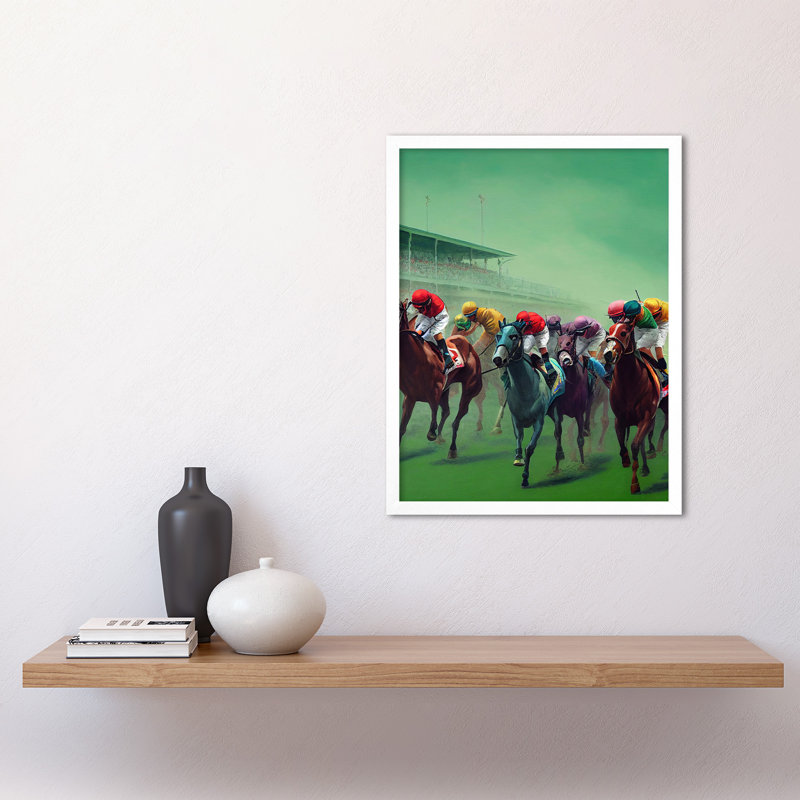 Kentucky Derby Horse Racing Jockeys Modern - Print, 43cm H x 33cm W x 2cm D, White Framed Unframed