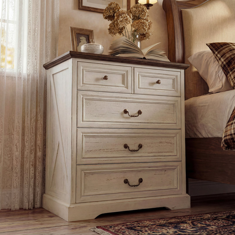 Armoire de chevet élégante avec 5 tiroirs et finition grain de bois Auserine, Beige