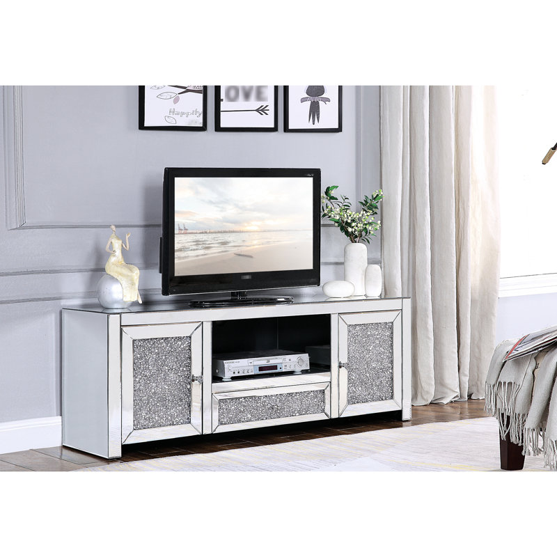 Meuble télé argenté à miroir avec faux diamants, compartiment média ouvert, tiroir simple et 2 portes, idéal pour téléviseur à écran plat de 50 po, plancher de 2 po, côté métallique coulissant, façade française, noir complet