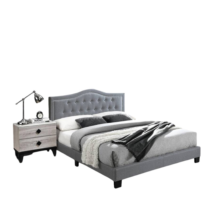 Cadre de lit européen grand format avec velours à boutons, support central, espace de rangement pour chambre à coucher, Gray