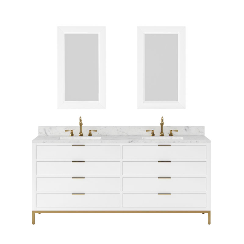 Bristol 72 In. Double Sink Carrara White Marble Countertop Bath Vanity In Monarch Blue With Rectangular Mirrors (S)