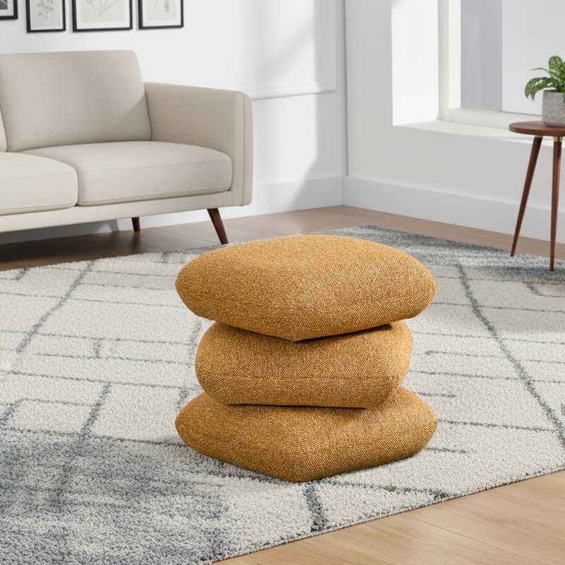 Square Linen Swivel Ottoman Footstool with Stacked Cushion Design for Living Room, Yellow