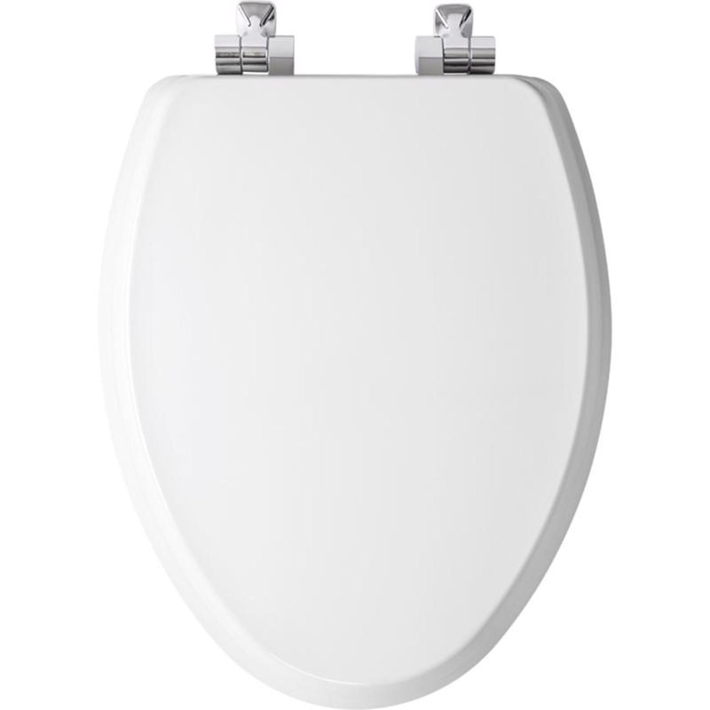 Mayfair by Bemis Benton Slow Close Elongated White Enameled Wood Toilet Seat, Chrome