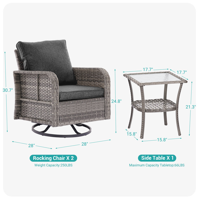 Ensemble de 3 meubles d'extérieur pour patio, chaise berçante pivotante avec ensemble de table en osier pour la cour