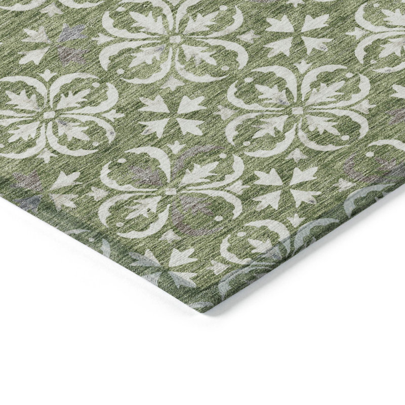 Tapis extérieur lavable floral 5 pi x 8 pi vert et gris ivoire
