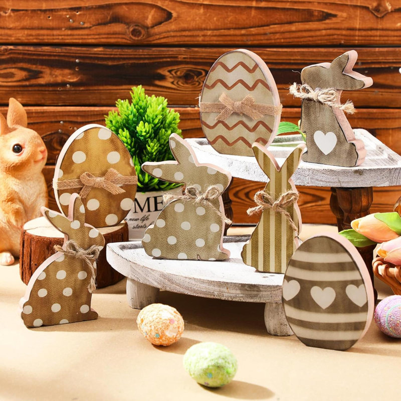 7 pièces de décorations en forme d'œuf de lapin de Pâques en bois avec des arcs et des plateaux de Pâques