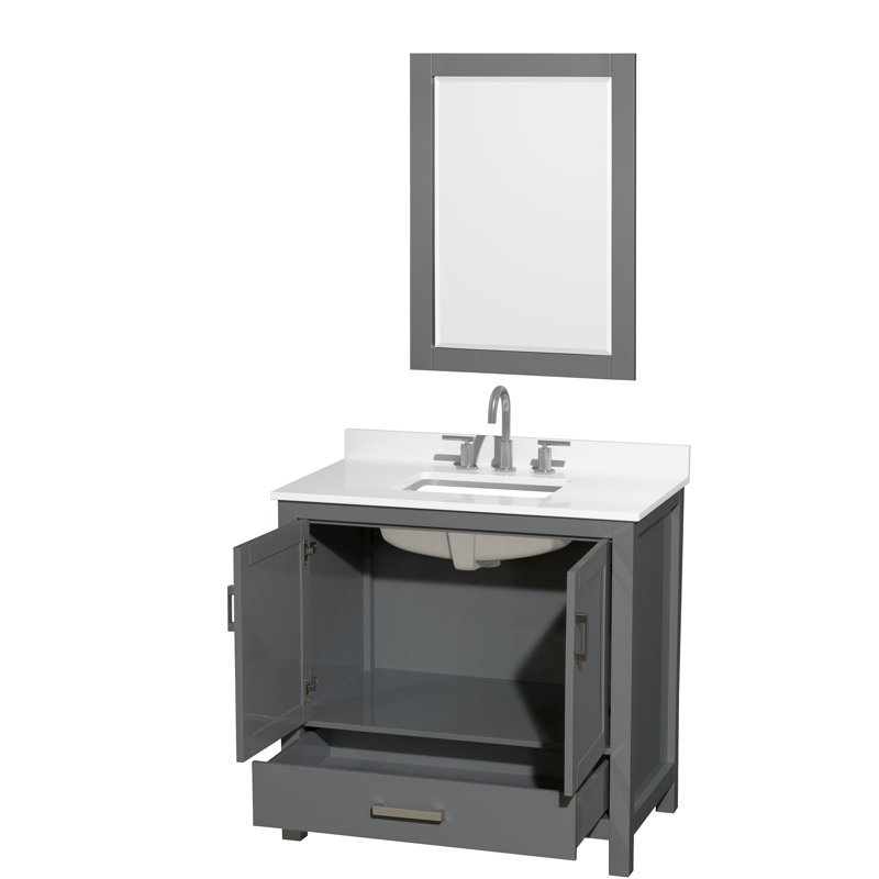 Ensemble de meuble-lavabo simple 36 po avec plateau en quartz et miroir 24 po Sheffield, Quartz blanc, Gris foncé, Chrome