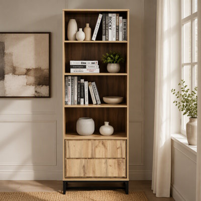 69" H Oak Wood Bookcase with Cabinet, 4-Tier Bookshelves Home Office Furniture