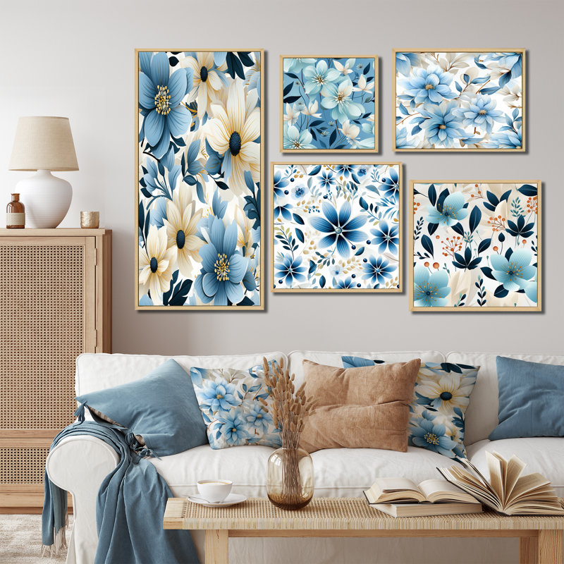 Eline - Ensemble de 5 impressions sur toile florales, Cadre flottant brun